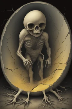 a haunting image of an embryonic human emerging from a cracked egg