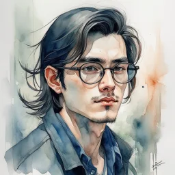 watercolour, large strokes, stylistic, portrait, illustration, dull colours, young, 20-something male, long black hair, brown eyes, has a certain aura of confidence,sharp facial features, slick angular glasses.