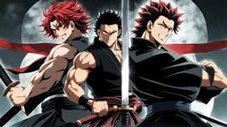 yujiro hanma vs yoriichi tsugukuni, baki vs kimetsu no yaiba, two mans standing in front of each other, a big strong man in black shirt with red hair and evil grin facing a smaller swordsman with long hair and calm face in traditional japanese clothes