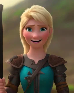 strong medieval warrior with blond short hair, blue eyes and wide warm smile with an axe with green and brown clothes