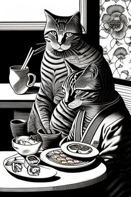 Two cats, sitting at a table, eating sushi,perfect iris, ink and pencil, style Tiziano