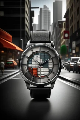 Generate an image of a jump hour watch surrounded by the hustle and bustle of a metropolitan city, illustrating its urban sophistication and precision."