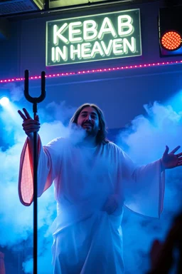 An "Kebab man" performing at dance club, his name is "Kebab man" and looks crazy, Jesus on stage, White and light blue Neon lights and smog, "KEBAB IN HEAVEN" SIGN ON WALL