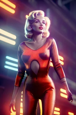 Realistic movie image, retro sci-fi, portrait, blonde woman, sweet Marylin Monroe face, perfect iris, glow eyes. tight latex tights suit. Retro Futuristic city, cars flying. epic style, vibrant color, highly detailed, unreal engine 5, ray tracing, RTX, lumen lighting, ultra detail, volumetric lighting, 3d, finely drawn, high definition, high resolution.