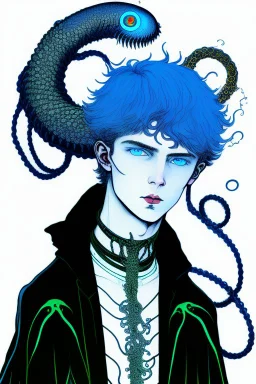 16 year old boy warlock with milky blue eyes, and 1lamprey tentacle coming out of his belly in the style of Harry Clarke