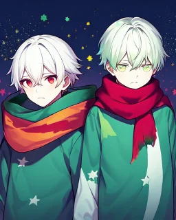 Green clothes with a yellow stripe and star in the middle of the print, short white hair, A young boy, wears a red scarf, has a colorful aura, At the bottom there are several stars, and his eyes are Light green