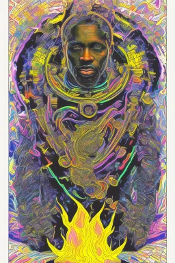 70s Black light poster design in the style of George Goode, featured “a black man rais[ing] his unshackled fist while the background bursts with fluorescent yellow flame.” neon fluorescent glow, psychedelic, bright, shimmering, fluorescent colors pop and sizzle, mystique, cosmic,