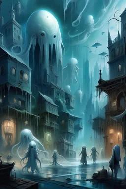 A captivating depiction in digital form, showcasing a plethora of extraordinary ghost creatures thriving within a surreal and lively ghosts realm. This imaginative artwork embodies the essence of science fiction, presenting a medium shot composition with fantastical beings that are unique, belonging to a world beyond our own. A modern city out of this world enhanced by atmospheric lighting, and breathtaking landscapes. Busch painting style nightmare