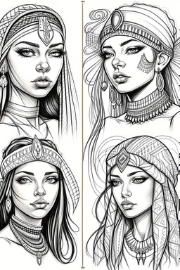 Sketches of drawing a beautiful girl with Egyptian features