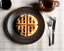 Round waffle butter with maple syrup plate, plaid napkin fork