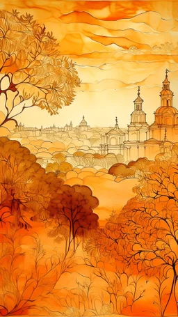 A light rosy orange colored savanna near a city designed in Chinese paper art painted by Auguste Rodin