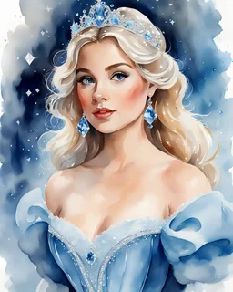 Watercolor painting of Cinderella, watercolor painting style, watercolor painting, watercolor paper, beautiful painting, masterpiece, detailed watercolor painting, best quality, high detailed, high quality, witha baby blue gown, and a sparkring diamond tiara
