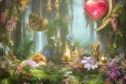 Tropical flowers, realistic heart drawing, crystals, tropical leaves, sacred altar, Fantasy home, Helen with cute animal