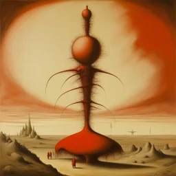 Odd open space, metaphysical, giant red object, very detailed, person, Yves Tanguy