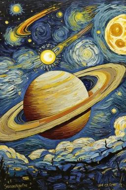 saturn eclipsed by the moon in a meteor shower; in the style of Van Gogh