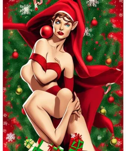 woman elve. Christmas scene. poster. marvel comic. low-key