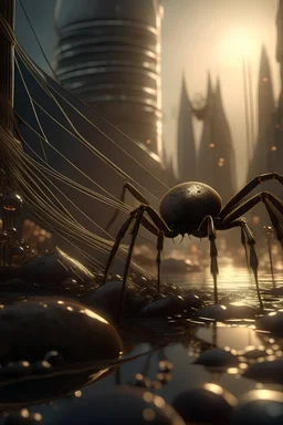 A wonderful city inhabited by pearls and spiders surrounding them everywhere. Spiders are keen on the wonderful pearls in a wonderful, harmonious cinematic scene. The spider sits and makes homes for these pearls.