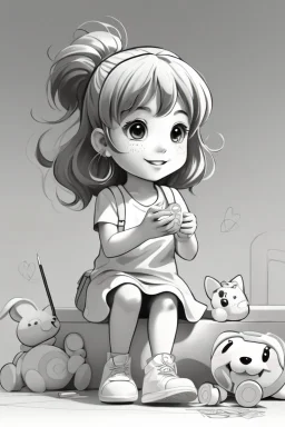 A round-faced little girl happily holding a bunch of colorful balloons ,very happy , Colloring page for todlliers ; basic hawali style cartoon , black and white , ink outlines , , smooth , anime style , minimalist , cute eyes , full body , white shose , sketchbook , realistic sketch , free lines , on paper , character sheet , clean line art high detailed