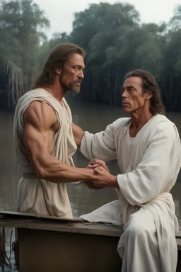 Jean-Claude Van Damme as Chance Boudreaux taking care of Jesus Christ in the Bayou