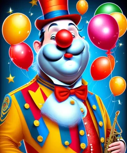 happy old friendly fat clown with round head and trimmed beard playing jazz with a steampunk theme, circus, realistic