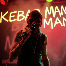 a very thin swedish man, with a skimask with only a hole for the mouth (no eyes), he is called "KEBAB MAN" performing at death metal club, his name is "KEBAB MAN" kebab rolls On stage, kebab Neon lights and smog, and "KEBAB MAN" big sign on the wall, kebab tribal tattooes, spinning kebab machines, flames and smoke, chaos, he singing with mic,