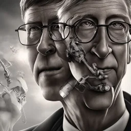 A clean portrait of cyborg BILL GATES , sin city, blender 3d, 8k, DNA ,ignore NSFW,apocalypse set , dark sorrow,brutal.