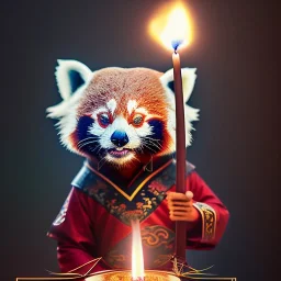 a cute litte red panda wearing Hanfu, holding a large candle, BK complex detail, cinema, reality, detail, octane rendering, stoic cinematic 4k epic detailed photograph shot on kodak detailed bokeh cinematic hbo dark moody 8k, 85mm f/16 by leica