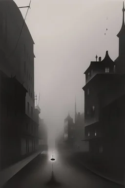 Dark street night figure fog odd Yves Tanguy spooky