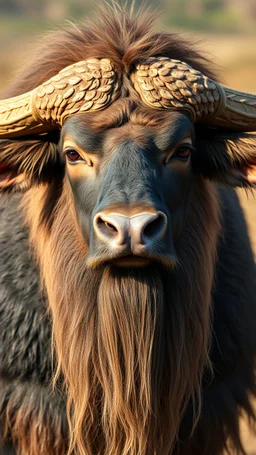 Buffalo front view with human look face and long hair and beard looks like an ancient Sumerian gods