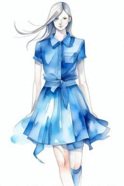 Watercolor fashion blue short skirt and blue top sketch