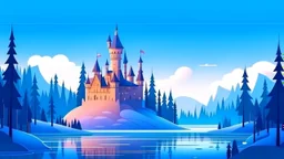 cartoon illustration, disney style: a large beautiful frozen lake and next to the lake is a magical castle. The castle is on a hill, surrounded by pine trees.