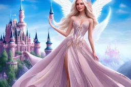 castle in background, beautiful, soft, big smiling, straight and long blonde hair, blues eyes, dewy and shiny atmosphere, diamond crown, long fairy wings in the back, full head, pink veil clothes