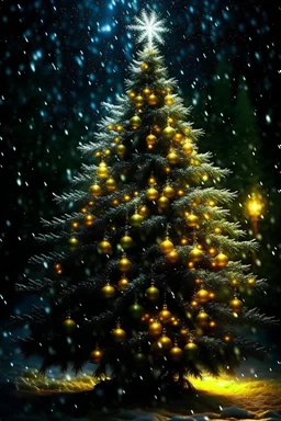 Kerstboom met veel lichtjes star regen,