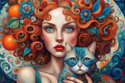 A surreal portrait of a woman with large, expressive blue eyes and red lips, with her hair adorned with swirling patterns in a kaleidoscope of bright colors including oranges, blues, and greens, resembling candy-like curls and abstract floral elements. She is gently holding a small siamese cat with glossy tawny fur. The background is a continuation of the swirling, dreamlike patterns that complement the colors found in the woman's hair, creating an overall fantastical and harmonious composition