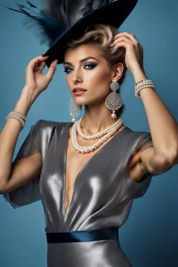 full body beautiful girl, elegant silver,lace clothes of the 80s, luxury style, small elegant hat with feather, hair of the 80s, pearl necklace, earrings masterful, beautiful face,blue backdrop