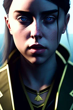 Billie Eilish, mask Dishonored 2, realistic, not to be distinguished from a photo, identical pupils, photorealistic illustration, 8k