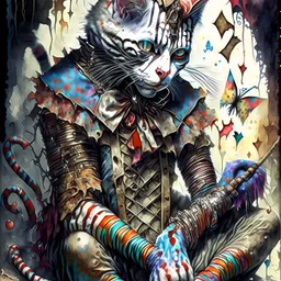 Harlequin cat patchwork art by cameron gray epic poster, Hyper realistic cat clown. sits on a pile of bones and skulls watercolor painting, Jean-Baptiste Monge style, bright, beautiful in spring, splash, big perfect eyes, rim lighting, lights, magic, fantasy, digital art, wlop, artgerm and james jean Modifiers: 8k cinematic lighting photorealistic 4K 3D crisp quality hdr Ultra realistic Gian Lorenzo Bernini Geometric and cubist