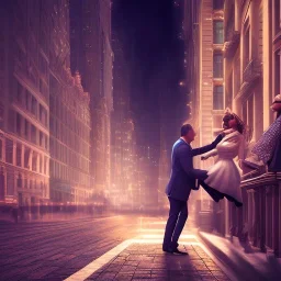 a man pushing a woman over a balcony, downtown new york at night, dramatic, dramatic lighting, volumetric lighting, hyperrealism, 8k, high quality, photorealistic, lot of details