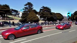 A Tesla's 'Model S Plaid' is racing at top speed, across the 'Golden Gate Park', in San Francisco. CINEMATIC. WIDE ANGLE LENS. PHOTO REAL.