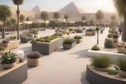 public area with giza pyramids, modern street seating , planters, shops