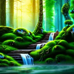 crazy detail, toad on green stairs, magical forest background with water , waterfall, blue but cloudy skies, lively eyes, foliage