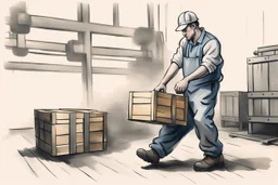 a swedish industry worker from sweden, very strong pushing a wooden crates and IBC along the floor in a factory, very basic sketch painting like the image i uploaded