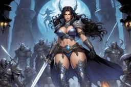 (in the style of Orion, by Masamune Shirow) skinny Ashley Graham, the Necromancer Queen emerges, her twin swords gleaming with dark power. Undead minions heed her command, twisted by her malevolent magic into grotesque servitude. Flanked by monstrous warriors, one decay-shrouded and the other a formidable mass of muscle, she nears the heart of the battlefield as a storm of dread brews above, echoing nature's
