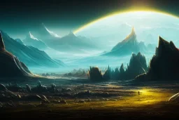 An image of an alien landscape with a distant city, art by Satoshi Nakamoto trending on artstation