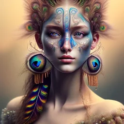 perfect woman portrait , perfect eyes, peacock feathers, face tattoo, curly hair, earrings, nature, plants, wildflower, facepaint, intricate, oil on canvas, masterpiece, expert, insanely detailed, cinematic smooth, intricate detail, soft smooth lighting, painted Renaissance style