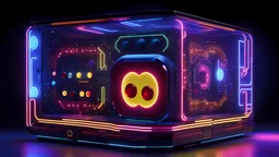 A technologically advanced quantum Pac-Man prototype stands at the center of attention, exuding an aura of thrill and sophistication. In this concept art, a visually striking digital painting captures the device in exquisite detail. The interplay of sleek metallic surfaces and glowing neon accents, intertwined with intricate circuitry and mesmerizing light patterns, lends an air of futuristic elegance. The image showcases the prototypes impeccable craftsmanship, evoking a sense of awe