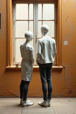 Two of Maniquí de pintura Artist mader made of white milky texture standing alone by the window