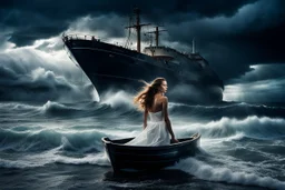 Compose a haunting and powerful image of a beautiful girl surrounded by her sadness in a surreal environment. Use dynamic lighting to create contrast and depth, illuminating her emotions and struggles. The sky above should be turbulent, with storm clouds brewing, reflecting the turmoil within her. In the background, depict a stormy ocean with a sinking ship, symbolizing loss and despair. Show a few people struggling for survival, adding a sense of urgency and chaos to the scene. Let the composit