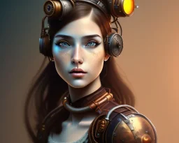 portrait of a young steampunk girl, brown, iron, grey background, detailed, 4k resolution, midjourney, metal, smooth skin