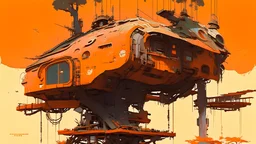 a treehouse cabin canopy, in the style of Ian Mcque, futuristic and sci fi style, robot junkyard style, orangish, high details,